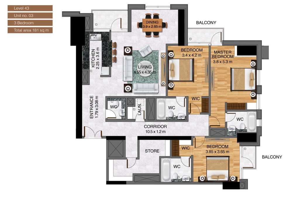 Level-43,Unit-no-3-,3-Bedroom-,Size-181-Sq m